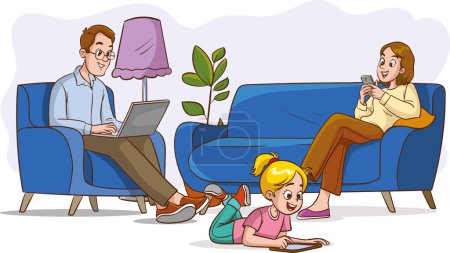 Ilustración de Ilustración vectorial de una pareja sentada en el sofá, usando teléfono móvil y laptop.Redes sociales y adicción a Internet - Imagen libre de derechos