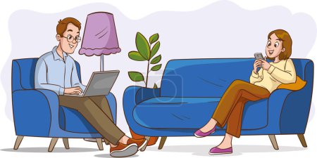 Téléchargez les illustrations : Illustration vectorielle d'un couple assis sur le canapé, à l'aide d'un téléphone portable et d'un ordinateur portable.Médias sociaux et dépendance à Internet - en licence libre de droit