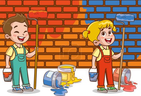 Illustration for Cartoon children with paint bucket and paint roller. Vector illustration. - Royalty Free Image