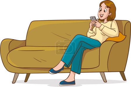 Illustration for Vector illustration of a Woman Sitting on a Couch Using a Smartphone - Royalty Free Image