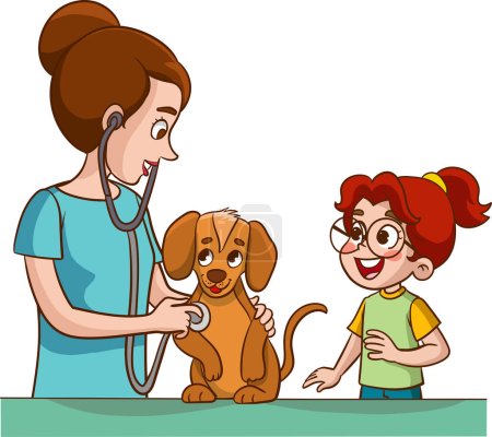 Téléchargez les illustrations : Illustration d'un petit garçon parlant à un vétérinaire avec un chien - en licence libre de droit