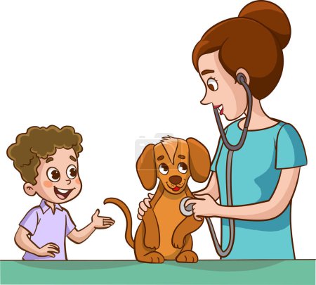 Téléchargez les illustrations : Illustration d'un petit garçon parlant à un vétérinaire avec un chien - en licence libre de droit