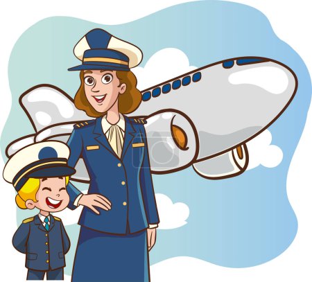 Ilustración de Mujer joven piloto y niños pilotos en uniforme con diseño gráfico de ilustración de vector de avión - Imagen libre de derechos