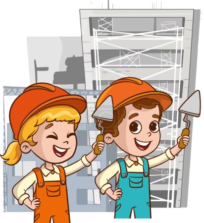 Illustration for Cartoon little boy and girl building a house. Vector illustration. - Royalty Free Image