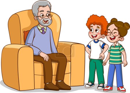 Illustration for Grandfather and grandchildren sitting in armchair. Vector illustration of a cartoon grandfather and grandchildren. - Royalty Free Image