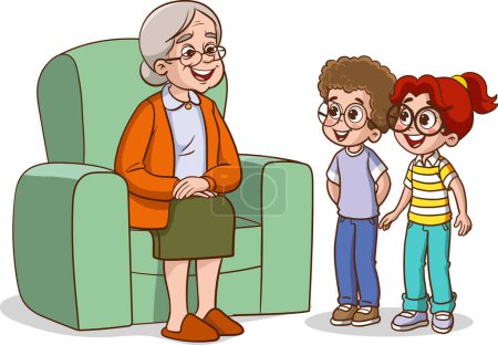 Téléchargez les illustrations : Grand-mère et petits-enfants assis dans un fauteuil. Illustration vectorielle de grand-mère et petits-enfants. - en licence libre de droit