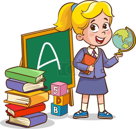 Téléchargez les illustrations : Illustration vectorielle du professeur mignonne petite fille tenant un globe - en licence libre de droit