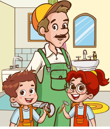Illustration for Vector illustration of a construction worker with his children in uniform - Royalty Free Image