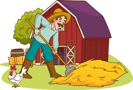 Téléchargez les illustrations : Illustration vectorielle d'un fermier mignon debout devant sa ferme. - en licence libre de droit