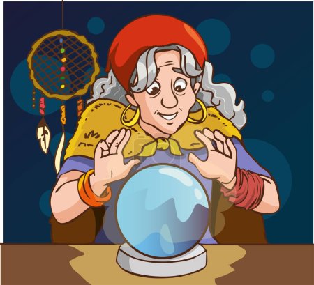 Téléchargez les illustrations : Tsigane diseur de bonne aventure avec boule de cristal et une table. Illustration de bande dessinée de femme oracle - en licence libre de droit