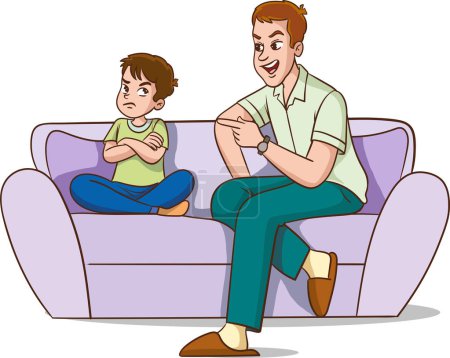 Illustration for Vector cartoon illustration of father scolding His Son. Angry Dad Yells at Little Sad Kid. Angry parent. Wrong education, psychology. - Royalty Free Image