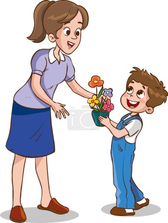 Ilustración de Ilustración vectorial de los niños dando flores a su madre - Imagen libre de derechos