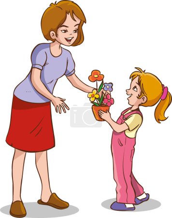Illustration for Vector illustration of children giving flowers to her mother - Royalty Free Image