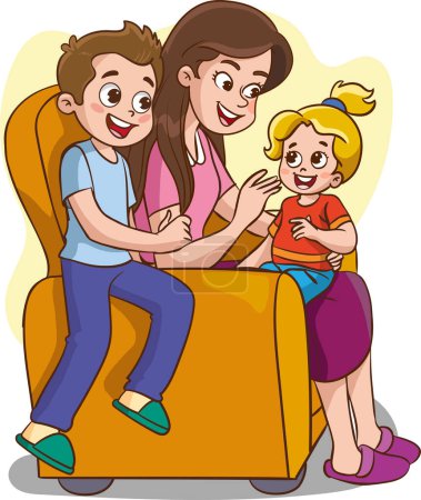 Téléchargez les illustrations : Illustration vectorielle d'une mère et des enfants assis sur un canapé dans le salon - en licence libre de droit