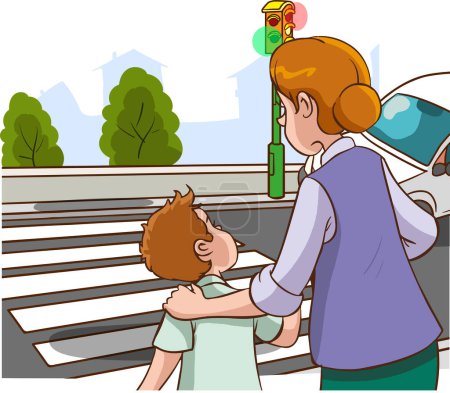 Téléchargez les illustrations : Mère aidant son fils à traverser la route avec des feux de circulation. Illustration vectorielle. - en licence libre de droit
