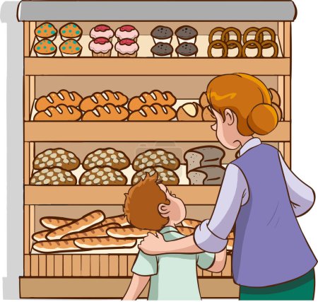 Téléchargez les illustrations : Vecteur de dessin animé de la mère et le fils acheter du pain à la boulangerie vecteur de dessin animé - en licence libre de droit