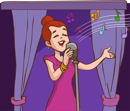 Ilustración de Mujer sosteniendo micrófono en el escenario cantando en Karaoke Bar o discoteca. Personaje femenino vocalista Diversión y relajación.Vector Ilustración - Imagen libre de derechos