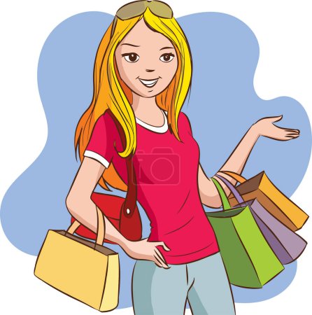 Illustration for Beautiful woman is shopping. The girl with the packages. Fashionable. Vector illustration in cartoon style - Royalty Free Image
