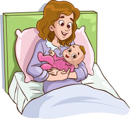 Illustration for Vector illustration of motherhood and care about kids. Interior of the room.Mother holds the baby in her arms. - Royalty Free Image