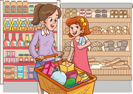 Téléchargez les illustrations : Illustration d'une mère et sa fille faisant du shopping dans une épicerie - en licence libre de droit