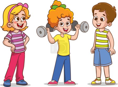 Illustration for Vector illustration of Kids Exercising with Dumbbells in the Gym - Royalty Free Image