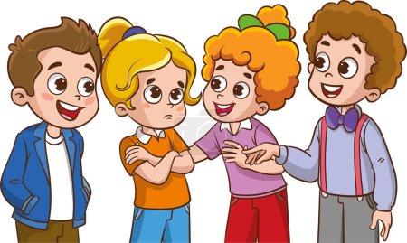 Illustration for Vector Illustration of happy kids with different emotions.Friends trying to comfort friend who looks depressed - Royalty Free Image