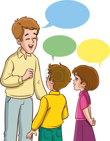 Ilustración de Padre y sus dos hijos hablando con burbujas de habla. Ilustración vectorial. - Imagen libre de derechos