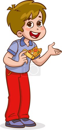 Téléchargez les illustrations : Illustration vectorielle d'un petit enfant tenant une tranche de pizza et parlant - en licence libre de droit