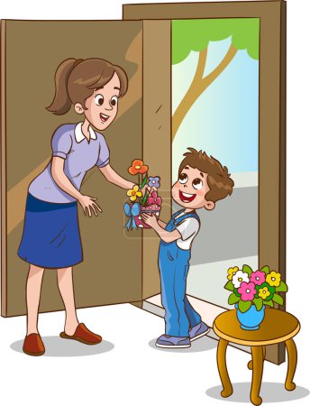 Ilustración de Ilustración vectorial de los niños sorprendiendo a sus madres y dándoles un ramo de flores. - Imagen libre de derechos