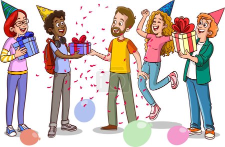 Illustration for Group of happy people celebrating birthday. Vector illustration in cartoon style. - Royalty Free Image
