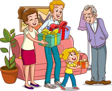 Ilustración de Una familia feliz celebrando el cumpleaños del abuelo. Ilustración vectorial en estilo de dibujos animados. - Imagen libre de derechos