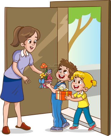 Illustration for Vector illustration of children surprising their mothers and giving them a bouquet of flowers. - Royalty Free Image