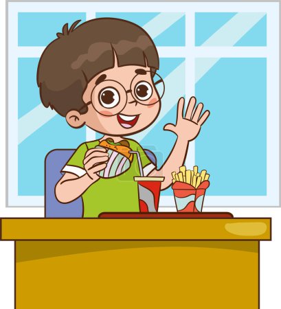 Téléchargez les illustrations : Illustration vectorielle des enfants mangeant des frites et de la restauration rapide au restaurant - en licence libre de droit