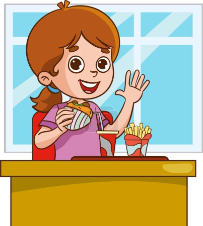Téléchargez les illustrations : Illustration vectorielle des enfants mangeant des frites et de la restauration rapide au restaurant - en licence libre de droit