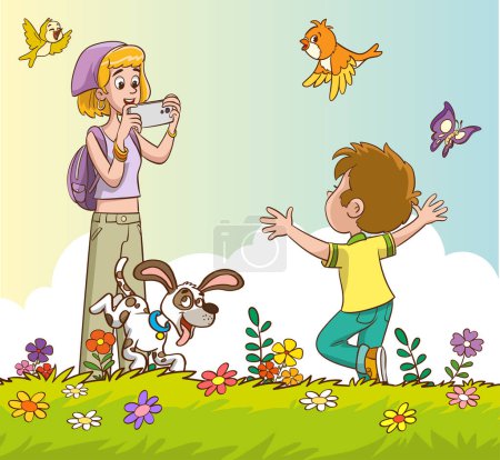 Téléchargez les illustrations : Famille heureuse prenant un selfie dans une prairie avec des fleurs et des papillons. - en licence libre de droit