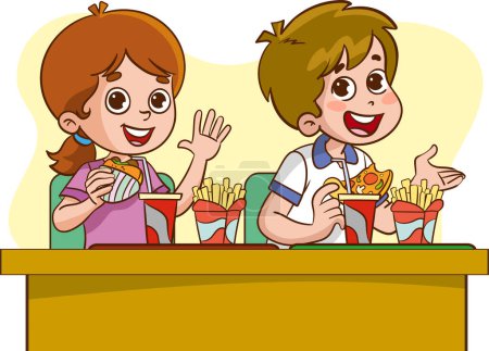 Illustration for Vector illustration of Kids eating French Fries and fast food in restaurant - Royalty Free Image
