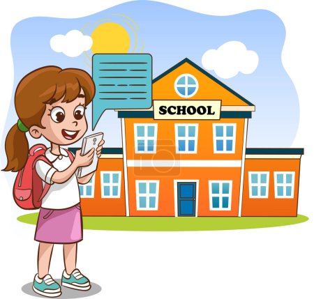 Illustration for Schoolkids using her mobile phone in front of the school building illustration.kids reading message on mobile phone. - Royalty Free Image