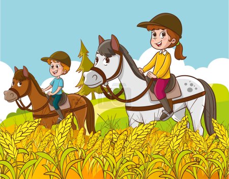 niños montar a caballo Vector Ilustración de equitación deporte montar a caballo