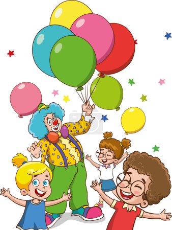 Téléchargez les illustrations : Illustration vectorielle d'un groupe d'enfants jouant avec un clown et des ballons - en licence libre de droit