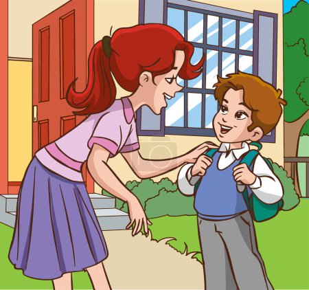 Ilustración de Madre ayudando a su hijo a ir a la escuela. Dibujos animados vectoriales ilustración. - Imagen libre de derechos