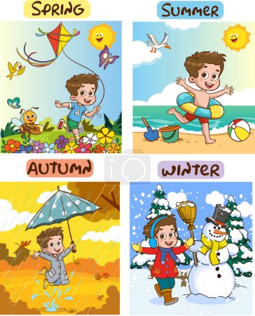 Illustration for Vector illustration of Four Seasons With Cartoon Kid - Royalty Free Image