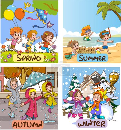 Téléchargez les illustrations : Illustration vectorielle de Quatre Saisons avec Cartoon Kid - en licence libre de droit