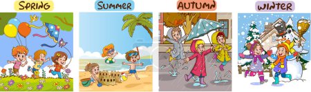 Illustration for Vector illustration of Four Seasons With Cartoon Kid - Royalty Free Image