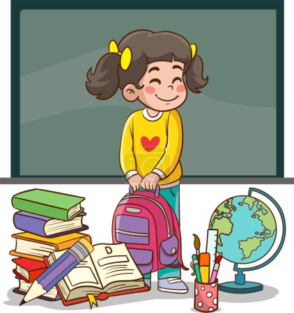 Téléchargez les illustrations : Illustration vectorielle d'un concept garçon et éducation avec sac à dos et fournitures scolaires - en licence libre de droit