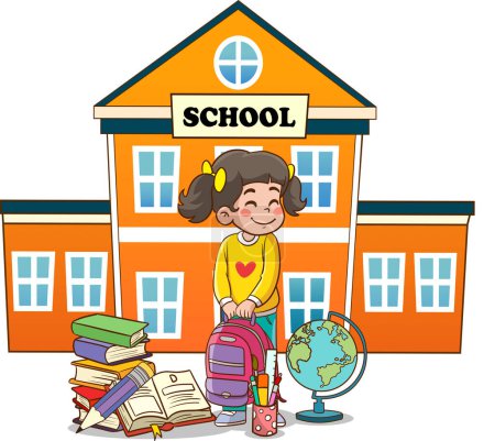 Ilustración de Ilustración vectorial de un niño y concepto educativo con mochila y útiles escolares - Imagen libre de derechos