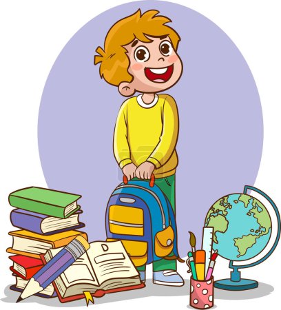 Ilustración de Ilustración vectorial de un niño y concepto educativo con mochila y útiles escolares - Imagen libre de derechos