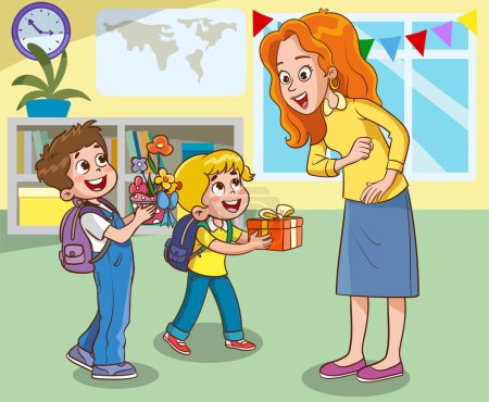 Illustration for Kids student giving bouquet of flowers to her teacher, Flat simple illustration for happy teachers day. - Royalty Free Image