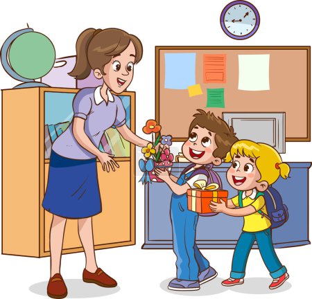 Ilustración de Estudiante de niños dando ramo de flores a su maestro, ilustración simple plana para el día feliz de los maestros. - Imagen libre de derechos