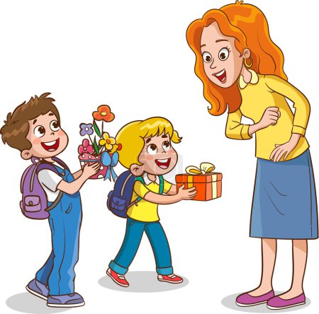 Illustration for Kids student giving bouquet of flowers to her teacher, Flat simple illustration for happy teachers day. - Royalty Free Image
