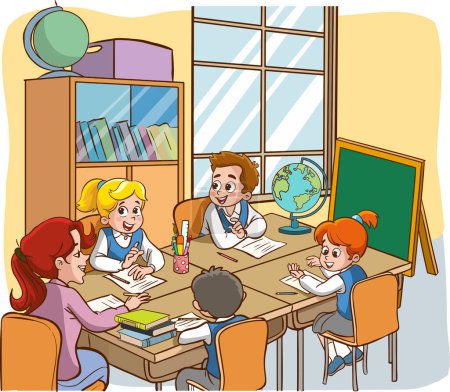 Illustration for Vector Illustration of Children Education.students doing group work.students studying with the teacher in the classroom cartoon vector - Royalty Free Image